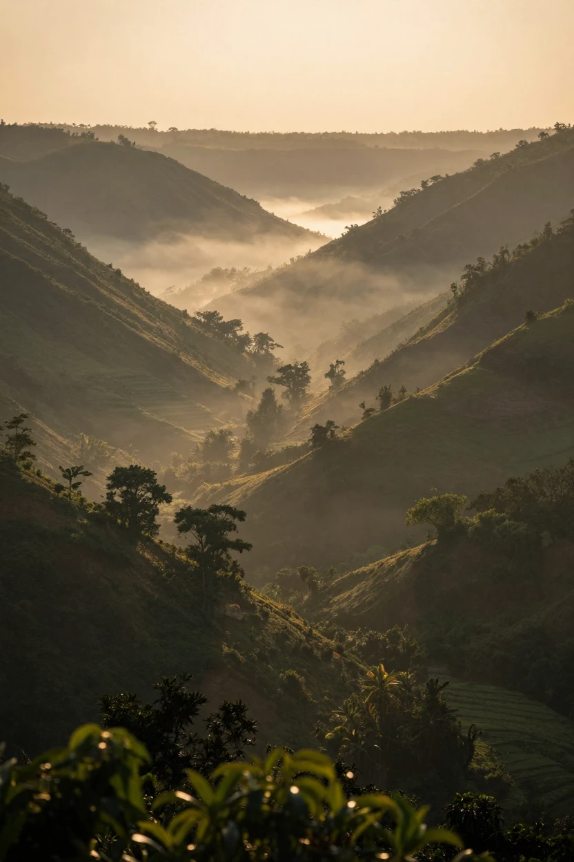 A hidden valley cloaked in morning mist, stretching endlessly as evening shadows lengthen