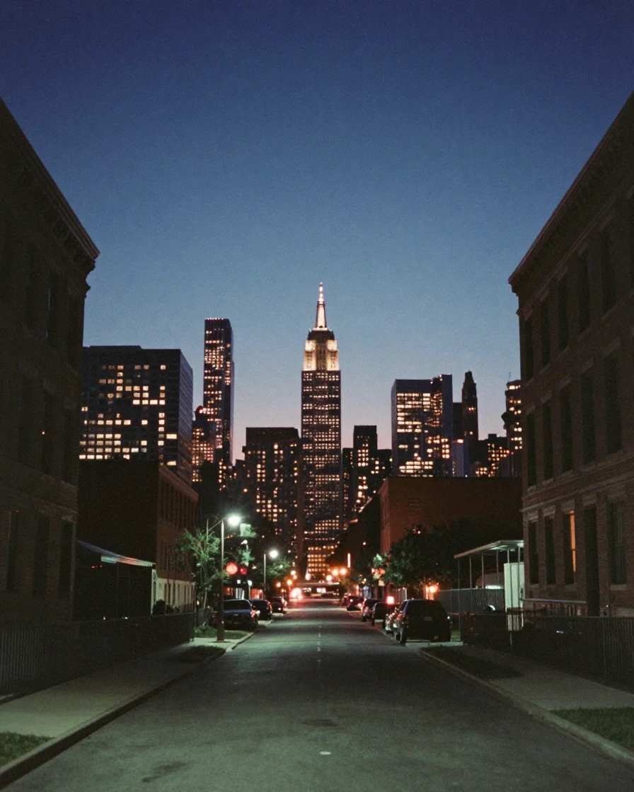 A city skyline glittering under a deep indigo night sky, at sunrise, in crisp, dry air, in early spring, with muted olive and rust colors, framed symmetrically down a long corridor.