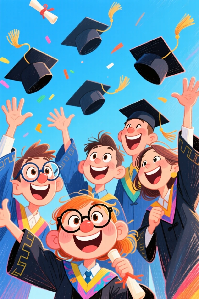 A group of graduates tossing their caps together against a blue sky.