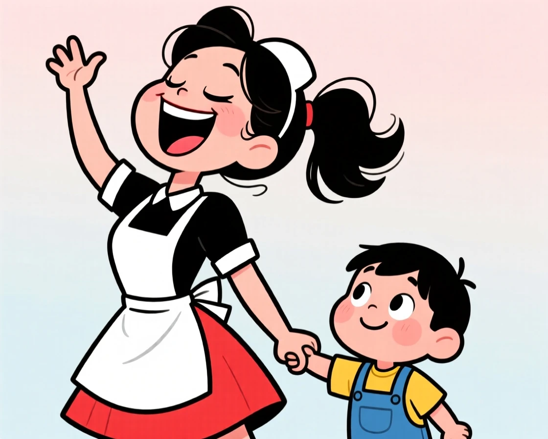 A charming portrait of a sassy waitress, throwing their head back in hearty laughter, with a small child tugging at their sleeve.