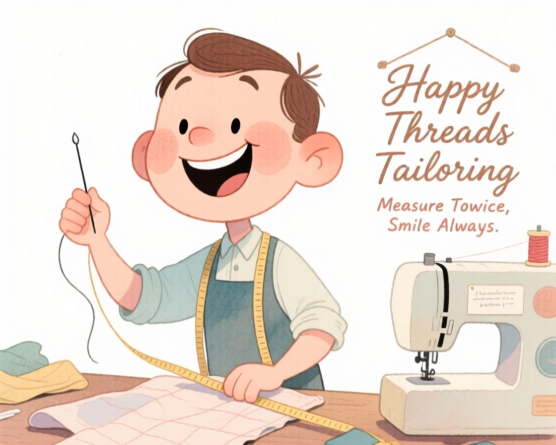 A tailor captured in a candid, joyful working moment