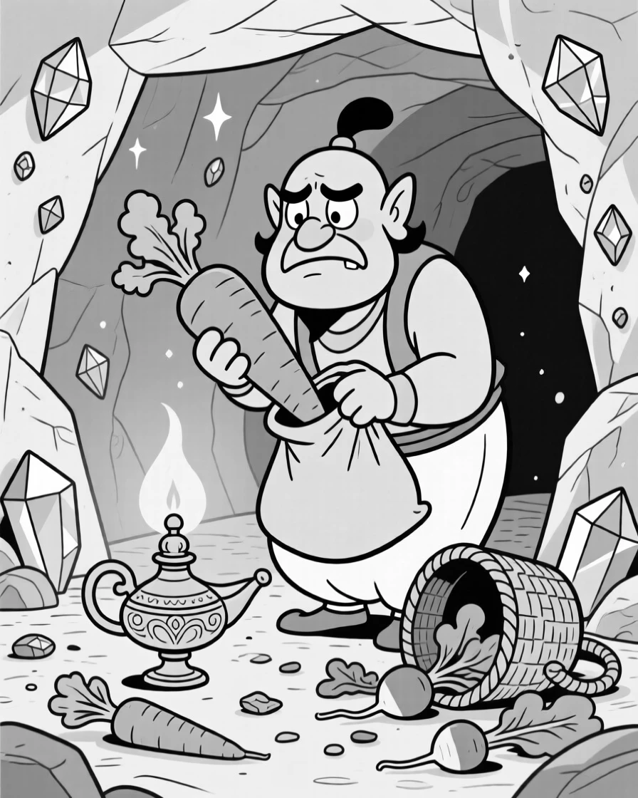 A grumpy genie squeezed uncomfortably into a tiny lamp, stuffing a carrot bigger than its own head into a sack, set deep inside a glittering gemstone mine. A basket lies overturned, vegetables scattered everywhere. There's a cozy, storybook warmth to the whole image.