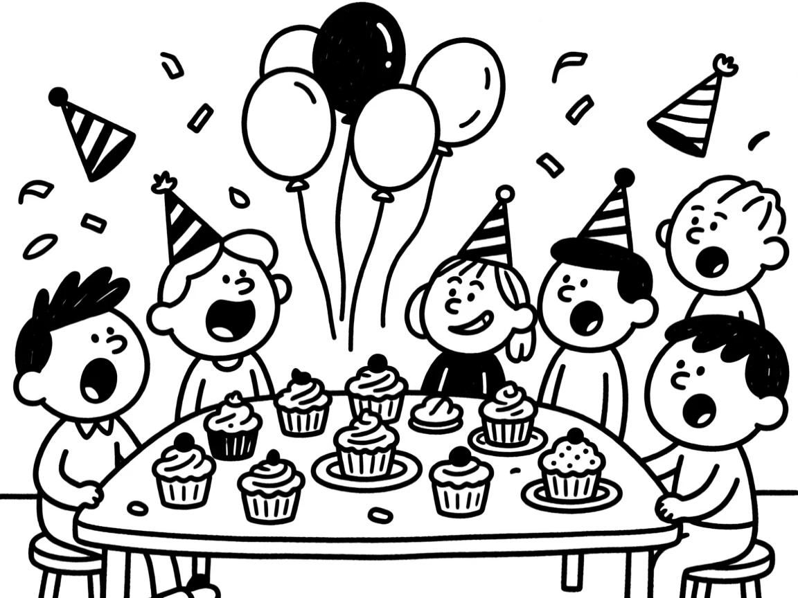 A birthday party with a table full of cupcakes, balloons, and party hats.