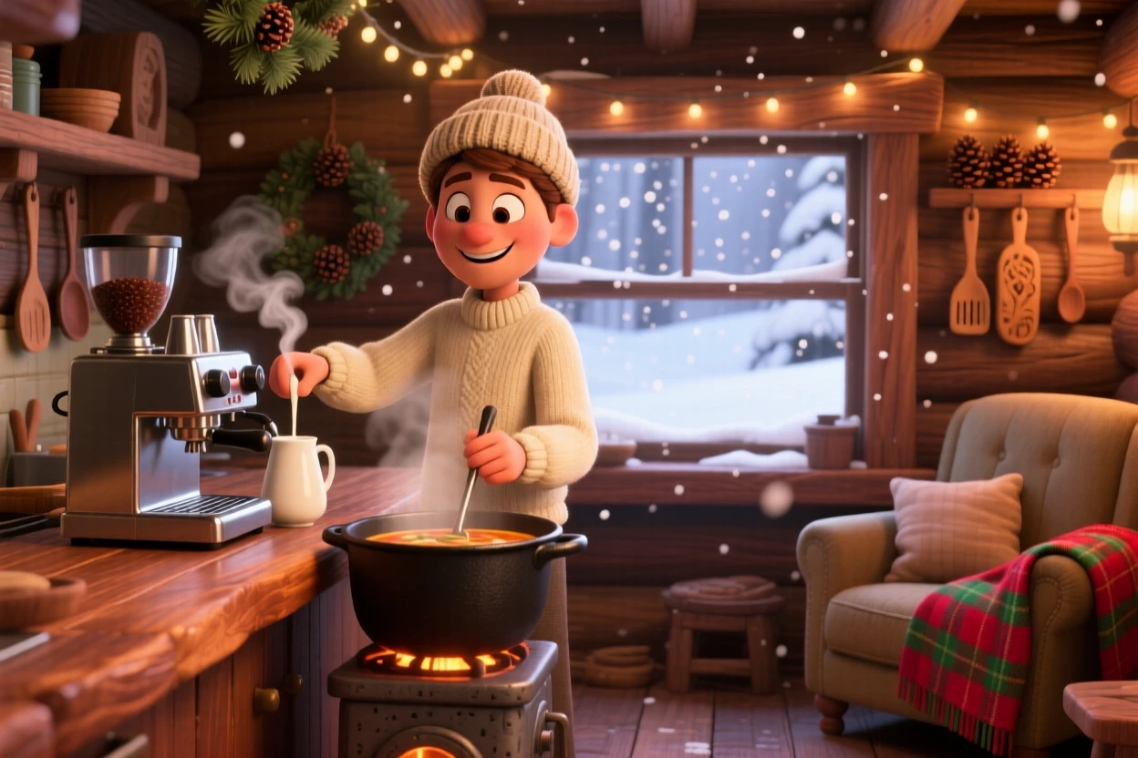 A barista steaming milk behind a counter sits inside a cabin during a snowstorm, stirring a pot of simmering soup. The atmosphere is warm, unhurried, and peaceful, with a plaid blanket draped over a chair.