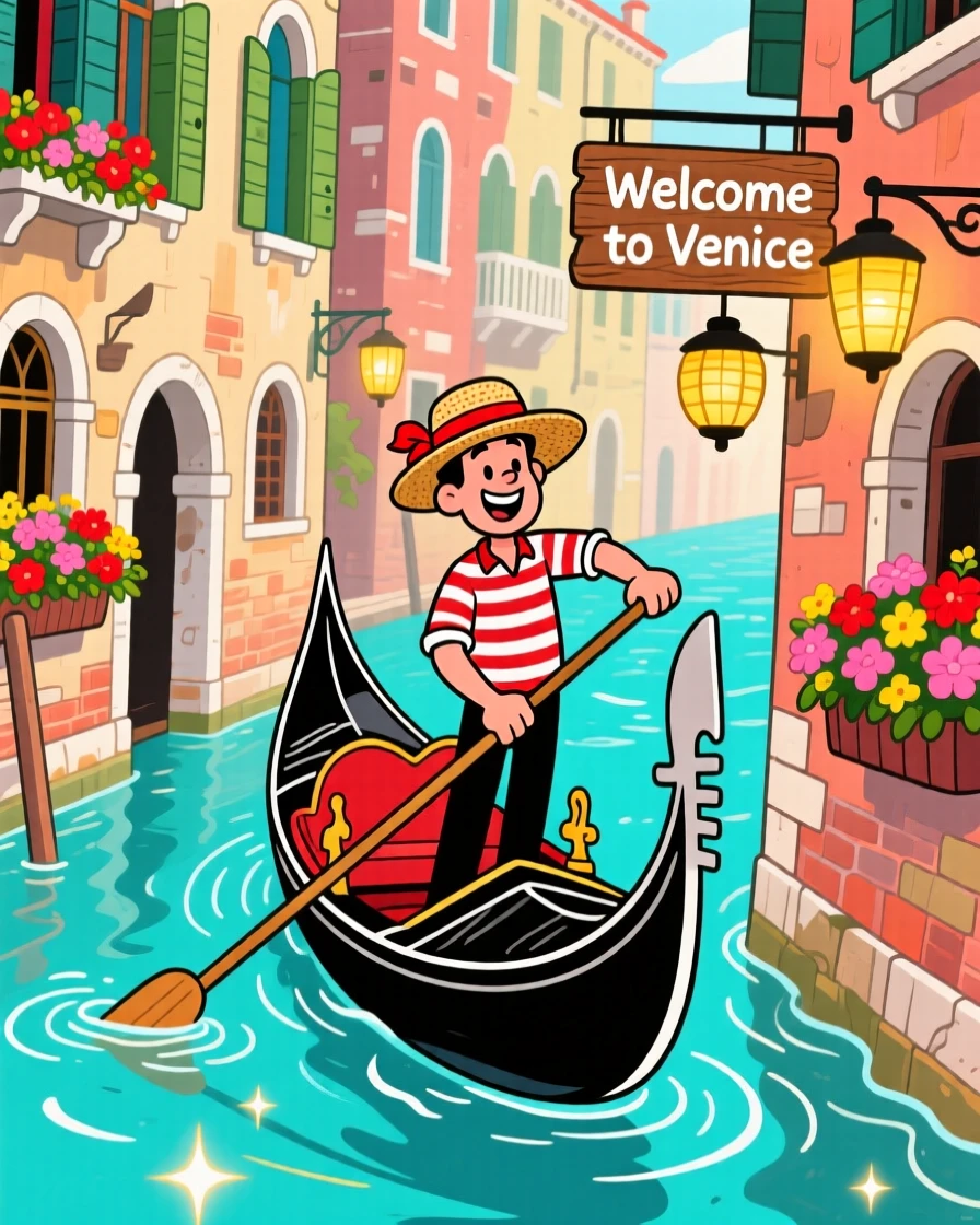 A gondola gliding through the canals of a historic city.