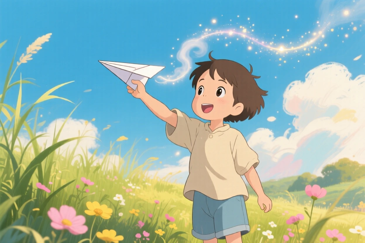 A charming scene of a paper airplane soaring above a child's outstretched hand, with steam and light trailing behind it.