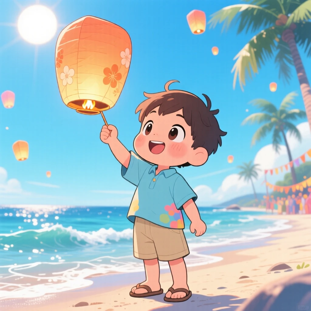 A small boy sending a paper lantern into the night sky in a lantern festival celebration on a breezy coastal afternoon; bright midday sun washes over the scene as proud determination fills the moment. Full-body shot.