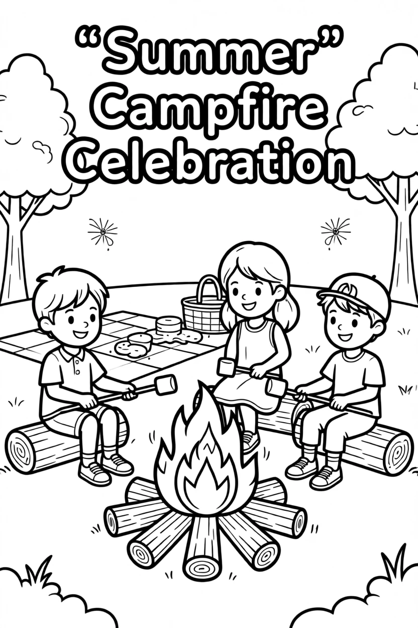 A campfire gathering with marshmallows for a summer celebration