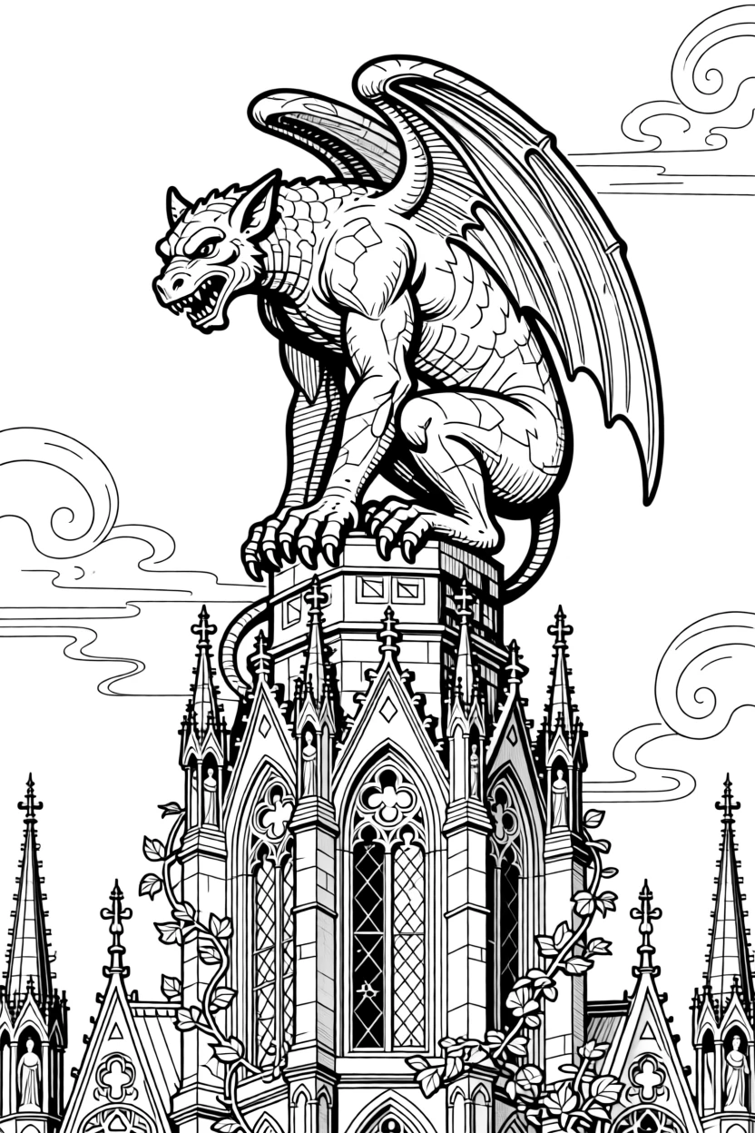 A stone gargoyle perched atop a gothic cathedral spire.