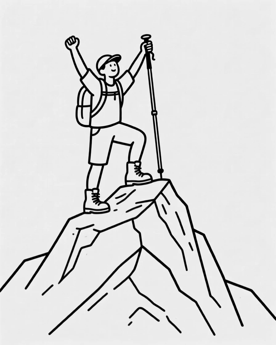 A hiker standing triumphantly atop a mountain peak