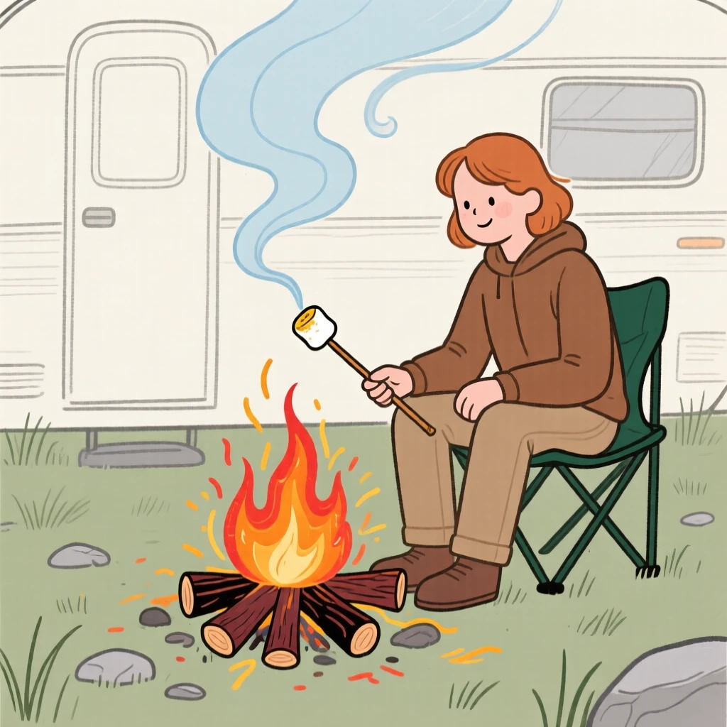 A camper roasting marshmallows over a crackling campfire.