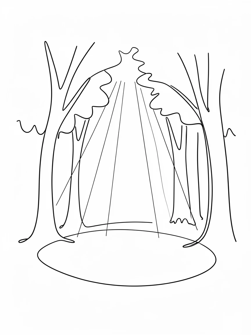A forest clearing where sunlight breaks through a gap in the canopy