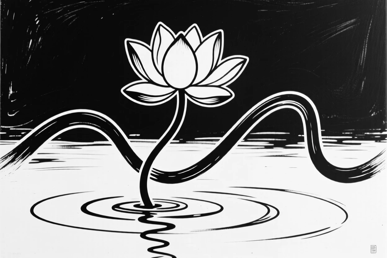 A single lotus flower blooming above still pond water.