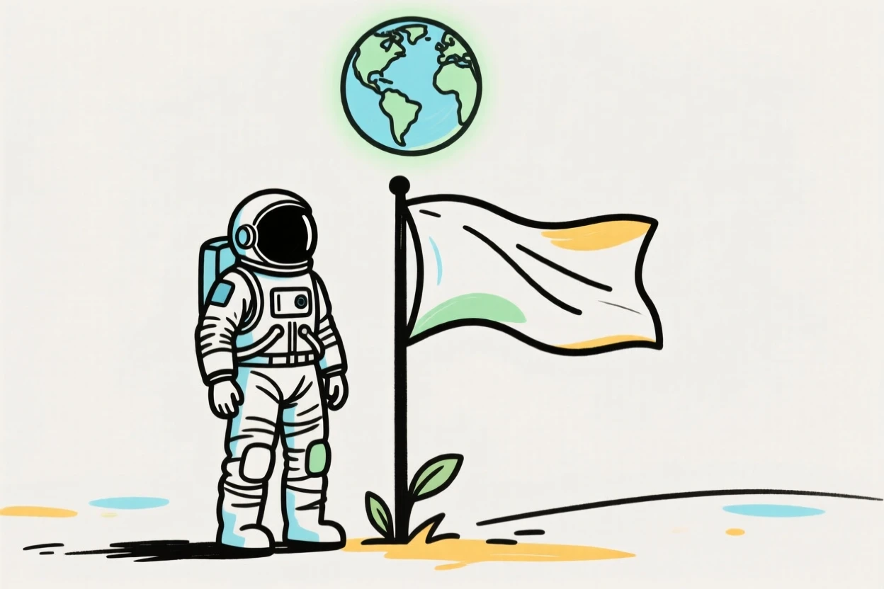 An astronaut standing beside a planted flag with Earth glowing above.
