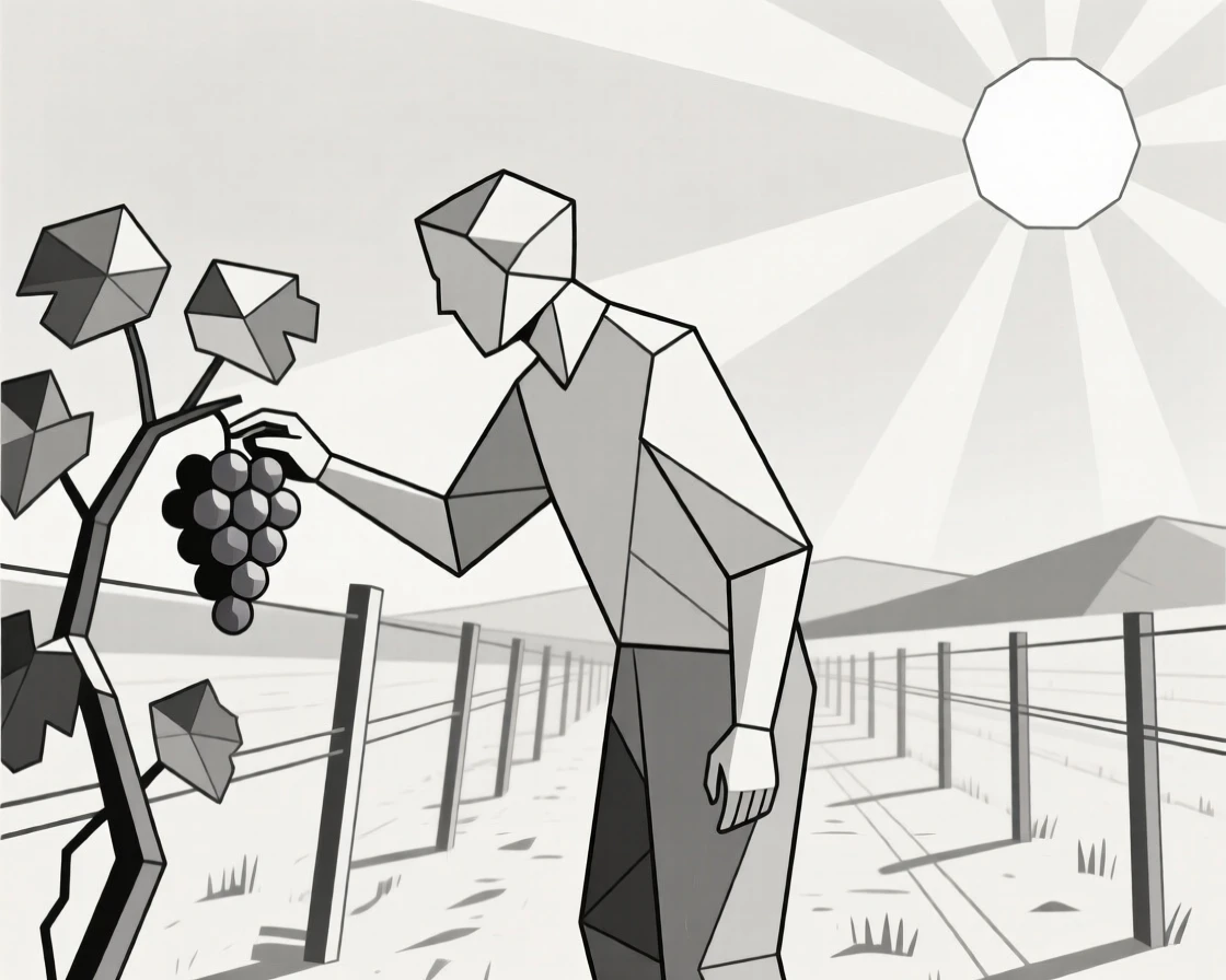 A vintner inspecting grapes in a sunlit vineyard