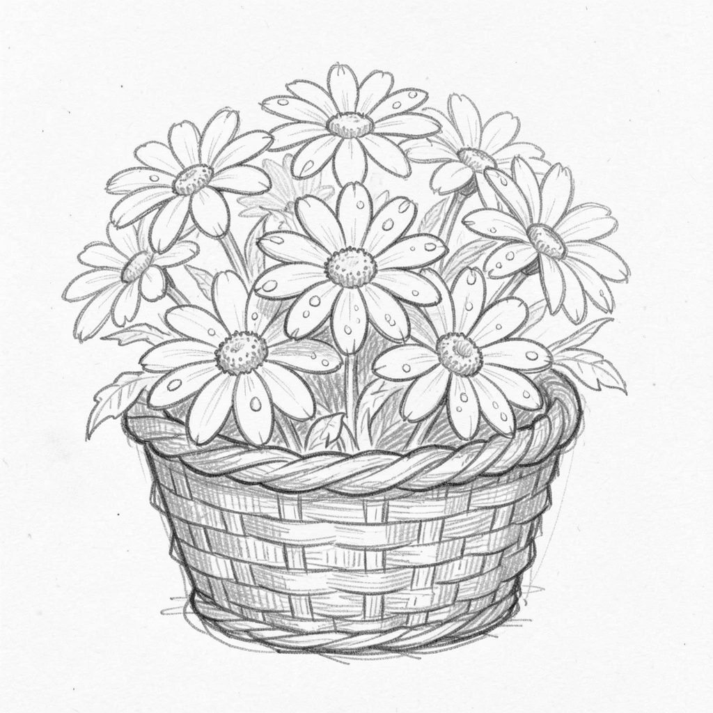 An elegant arrangement of a cluster of daisies in a woven wicker basket, with tiny water droplets clinging to the petals.