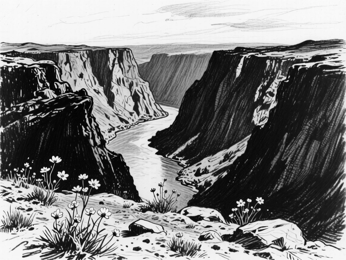 A canyon carved by a river with wildflowers scattered across the foreground.