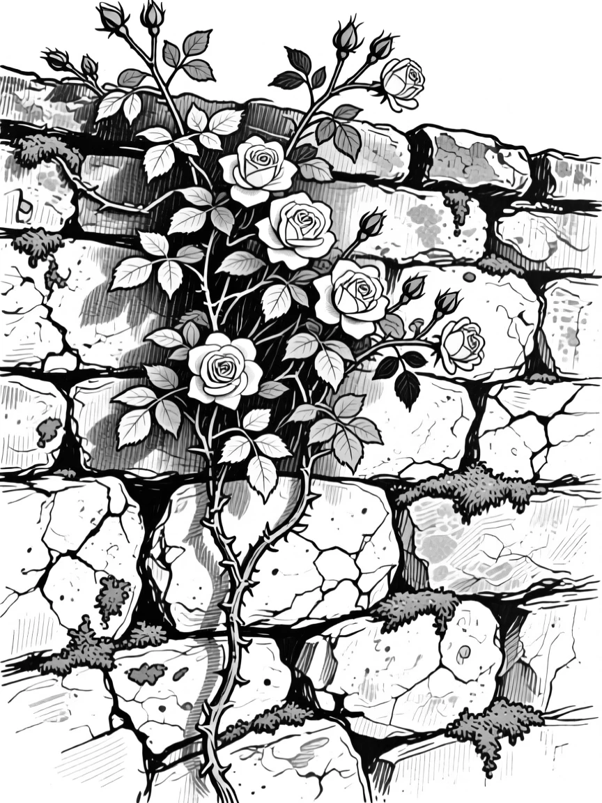 A vine of climbing roses covering an old stone garden wall.