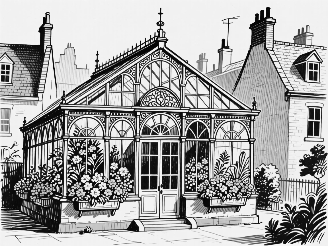 A victorian greenhouse conservatory framed by surrounding rooftops, featuring flower boxes lining every window, rendered in a warmly nostalgic architectural composition.