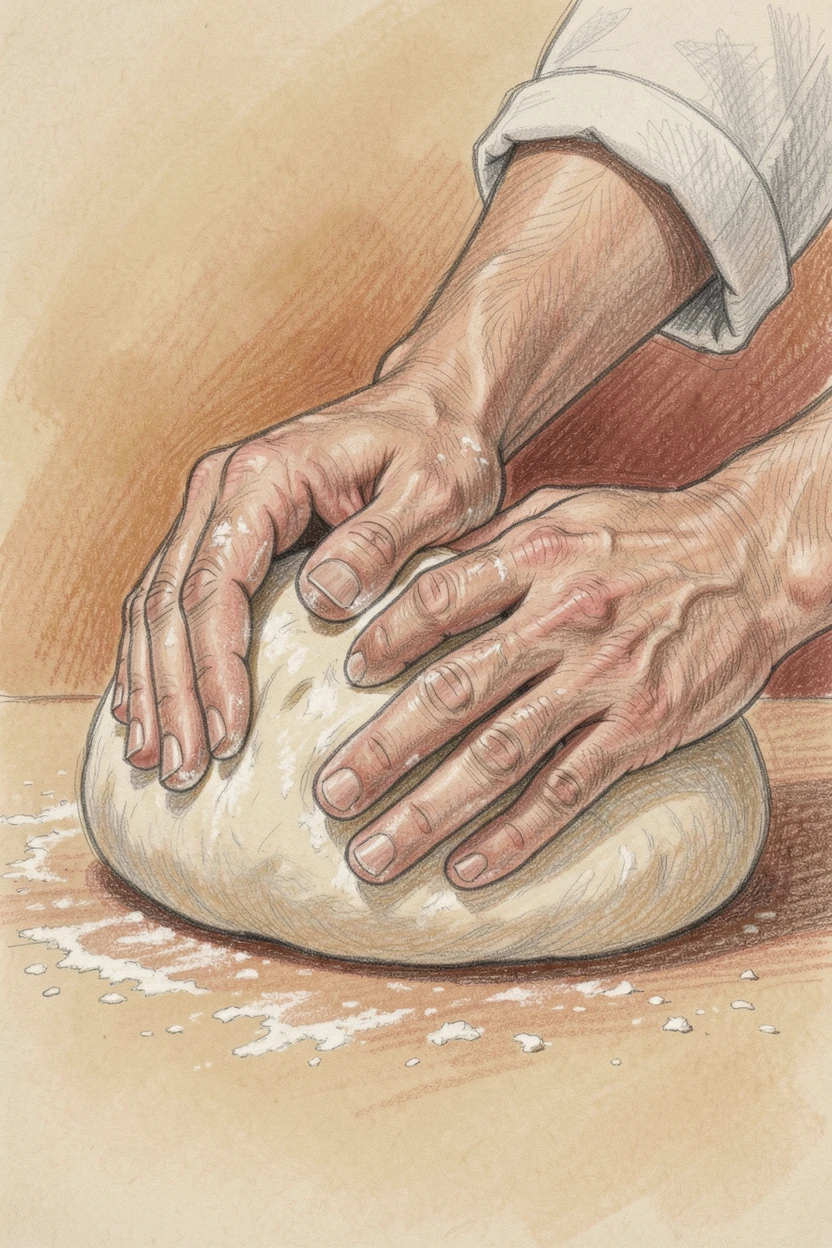 A chef's hands kneading dough dusted with flour, with warm background tones that keep the focus on the subject, celebrating everyday beauty and genuine emotion.