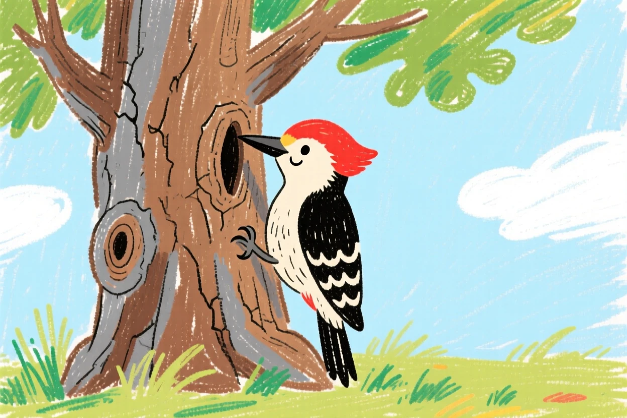 A woodpecker tapping at the bark of an old oak tree.