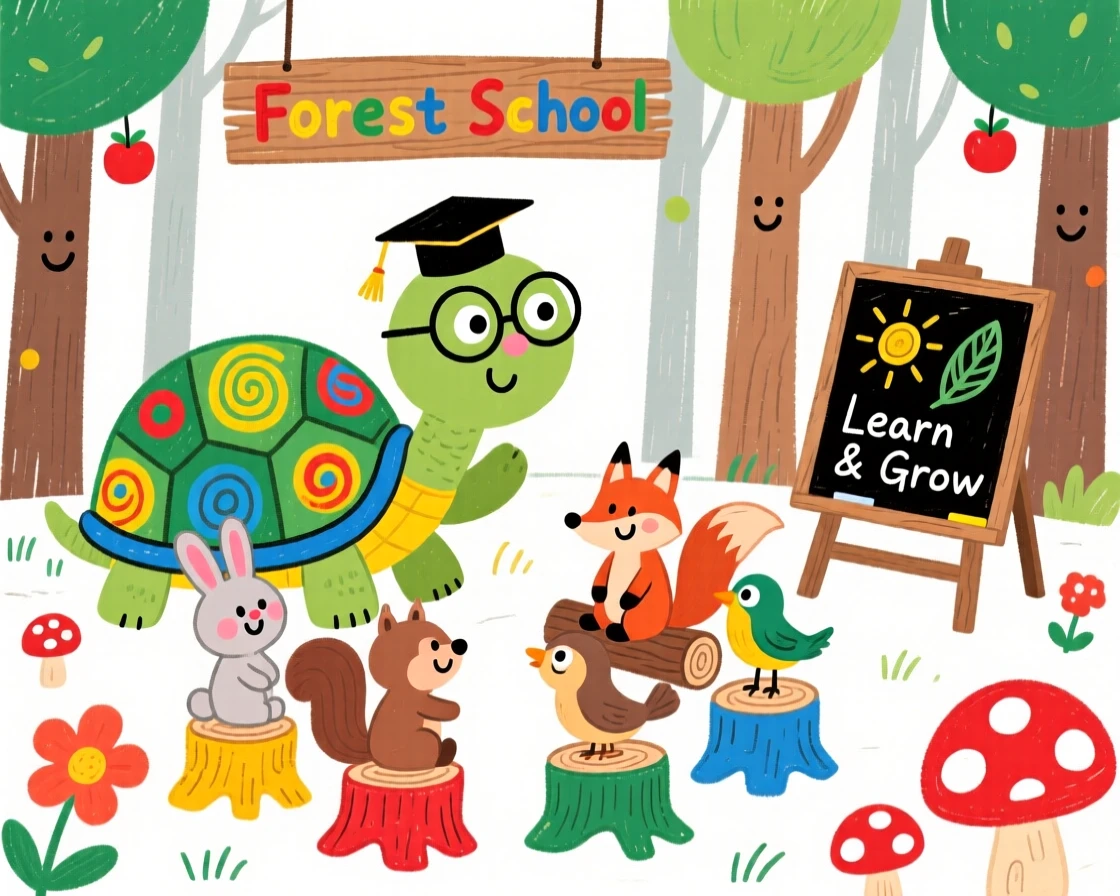 A wise talking tortoise teaching young animals in a forest classroom.