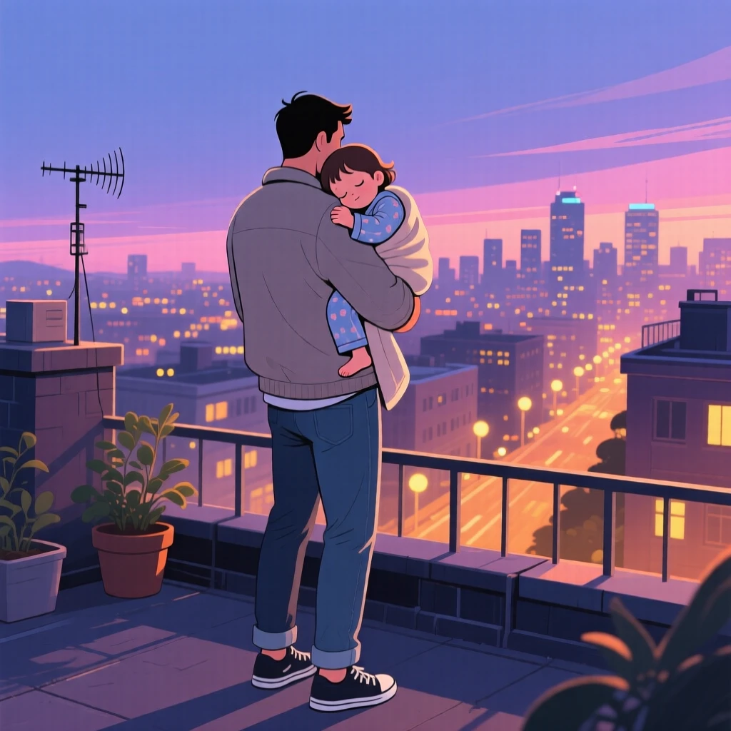 A father carrying his sleepy child home at dusk, on a city rooftop overlooking twinkling lights, captured from behind to invite the viewer into the moment, with a sense of warmth and togetherness in every detail.
