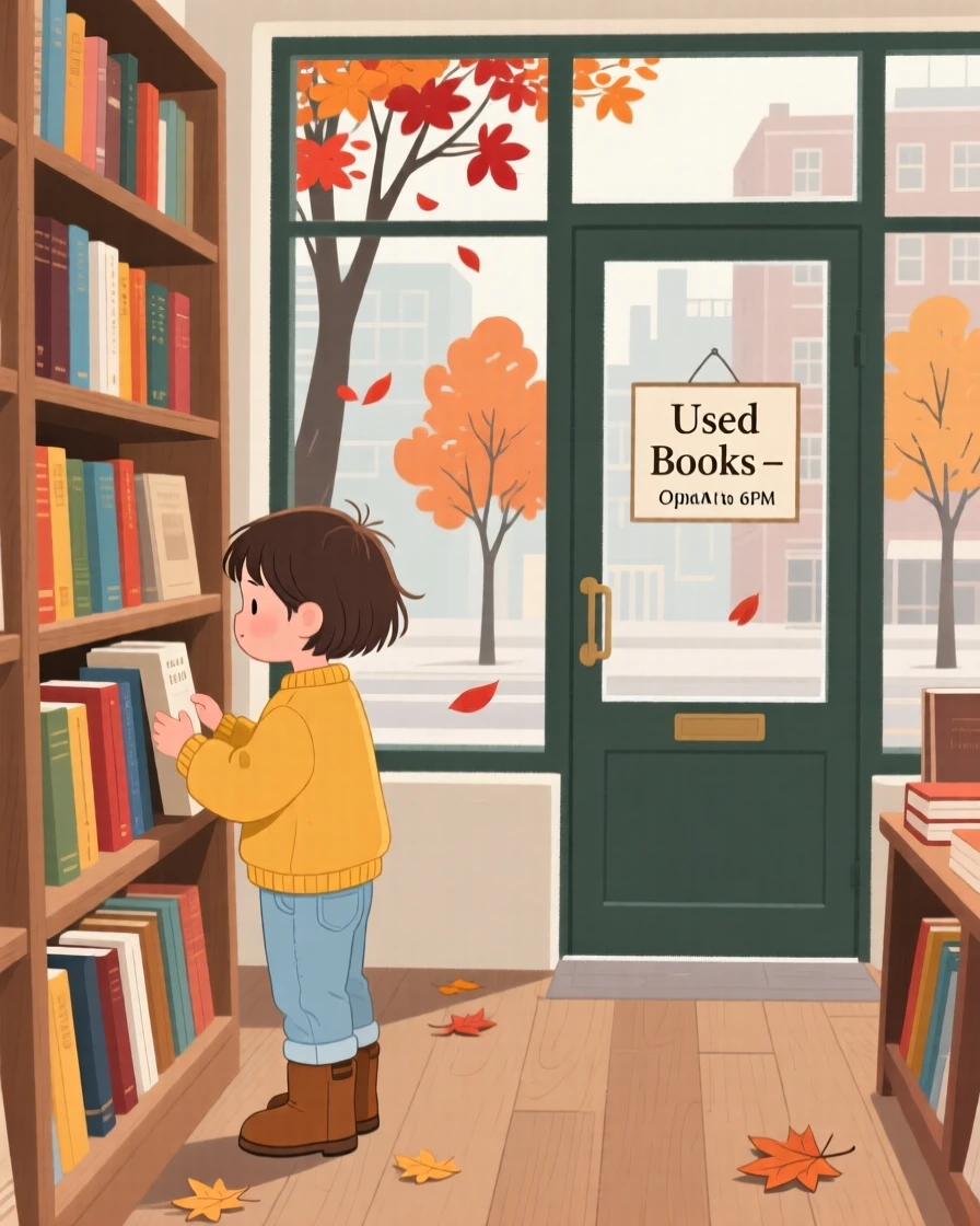 A small child browsing a used bookstore on a quiet autumn day in the city.