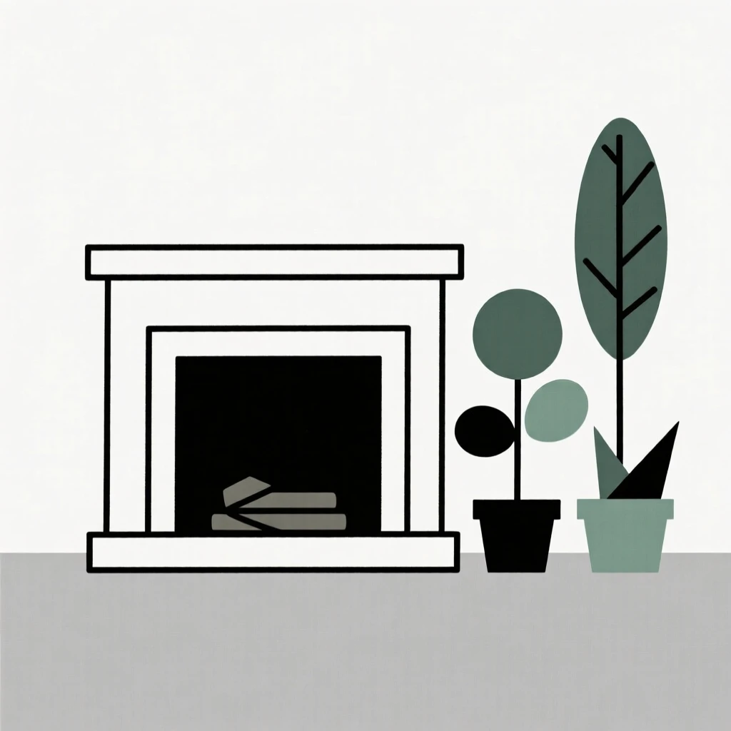 A tidy fireplace hearth arranged near a small houseplant collection in a modern townhouse, expressing restful ease.
