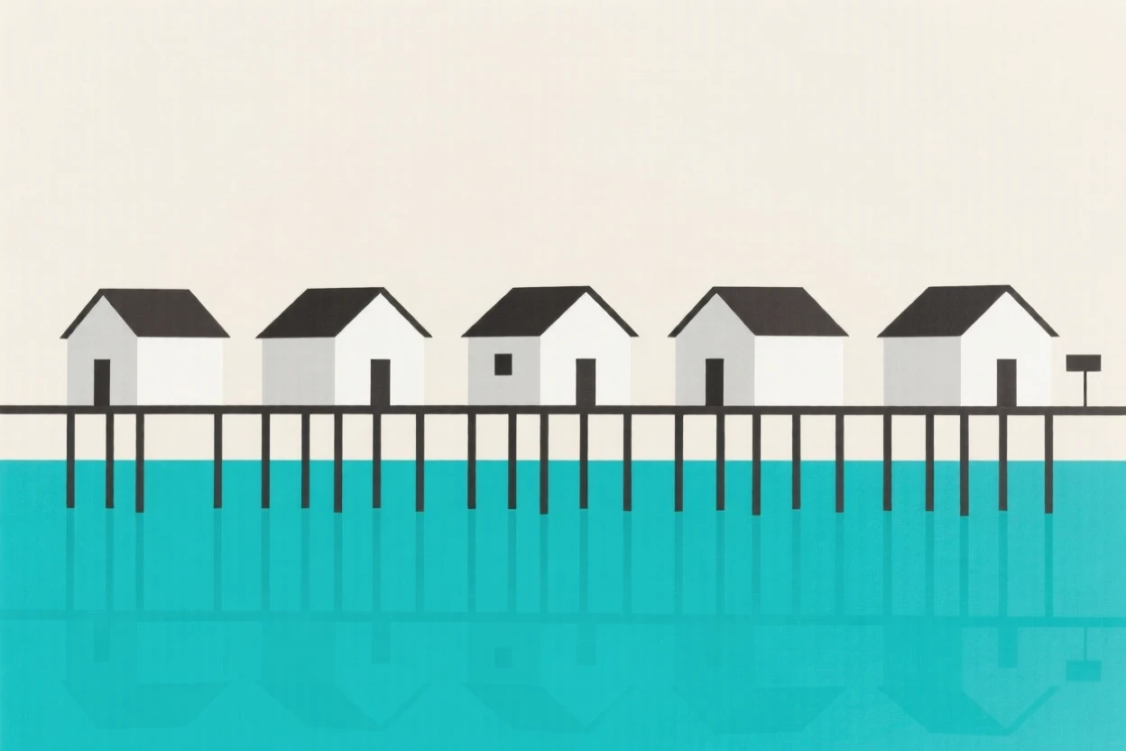 A row of stilt houses over a turquoise lagoon