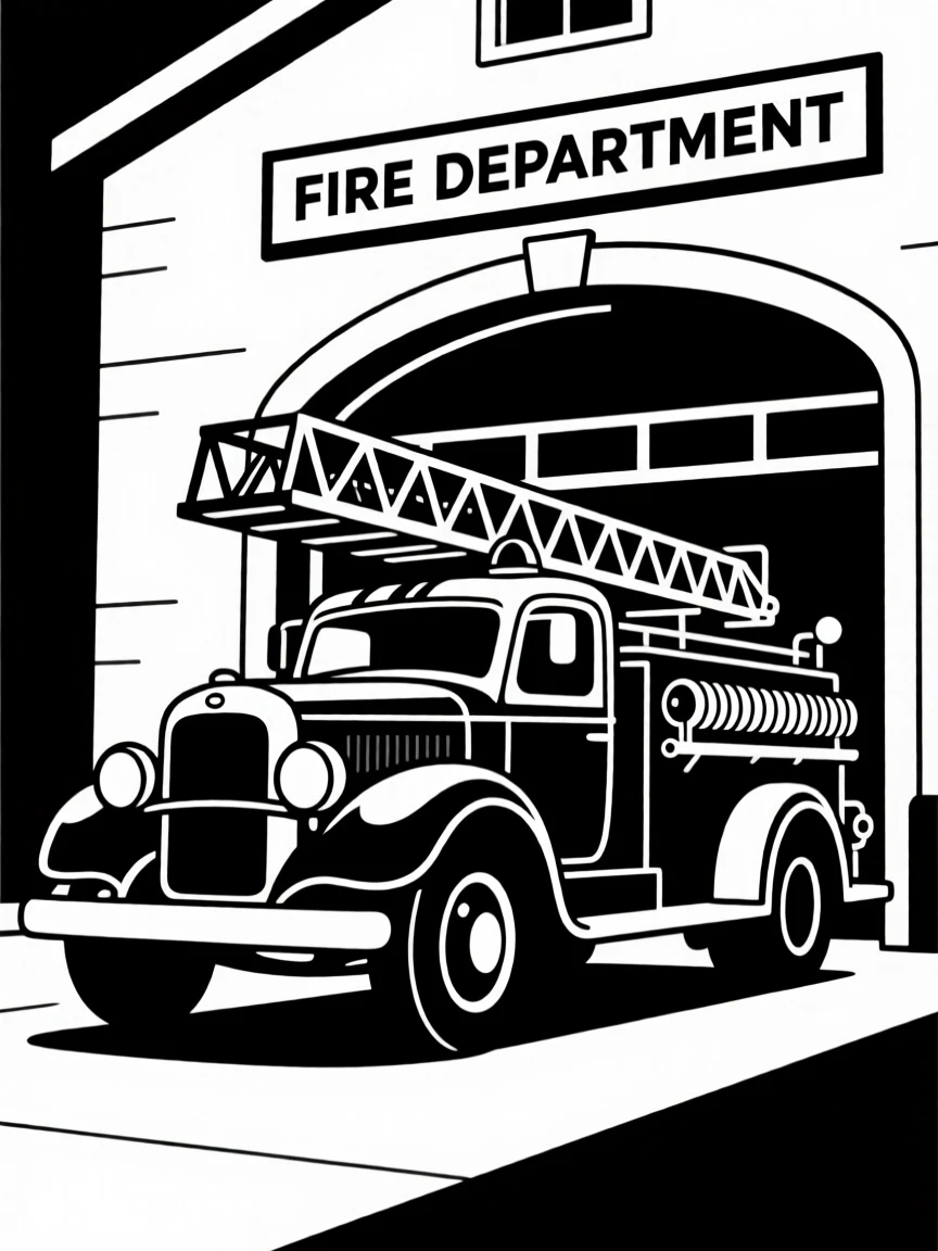 A vintage fire truck parked outside a firehouse.
