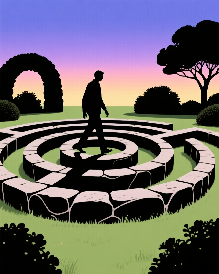 A lone figure walking a spiral stone labyrinth in a quiet garden.