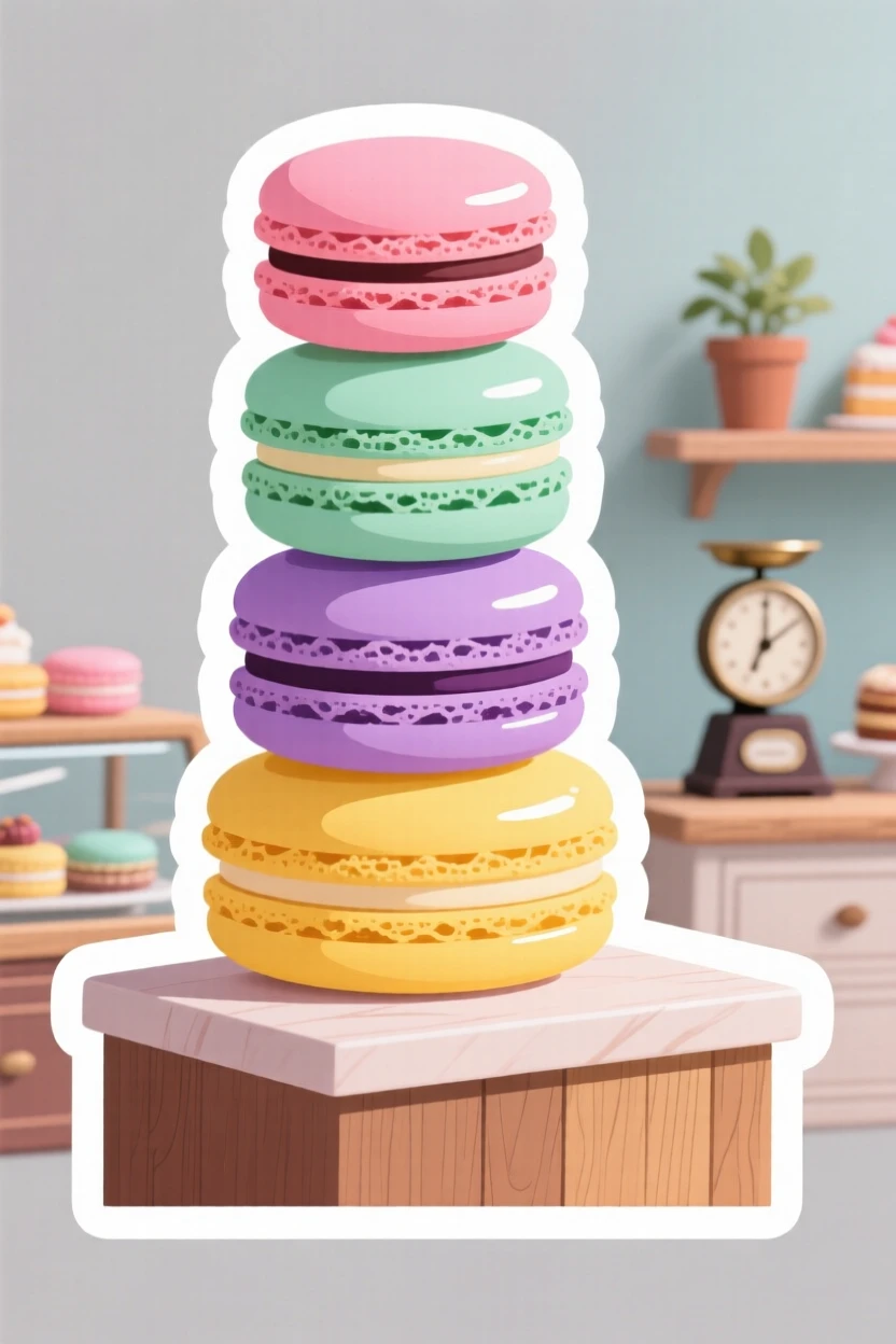 A picture-perfect stack of colorful macaron towers, glistening with a light glaze, at a charming bakery counter.