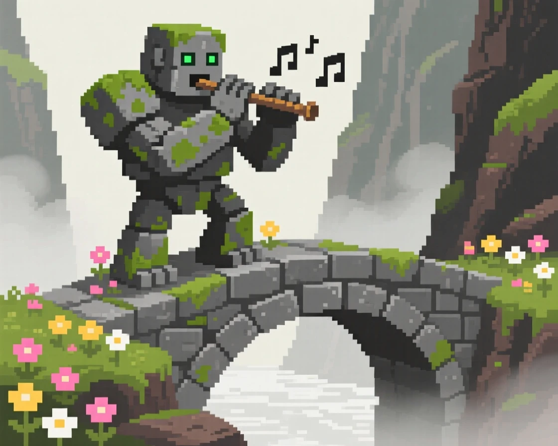A moss-covered stone golem playing music that makes flowers bloom, on a stone bridge over a misty ravine.