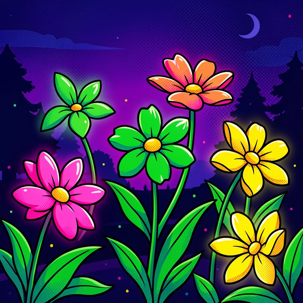 An enchanted garden where flowers shine softly at night