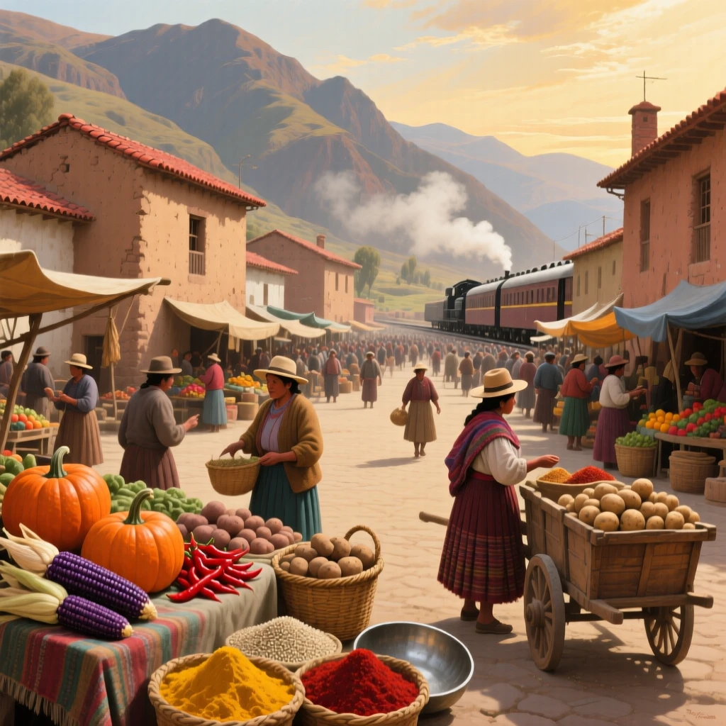A sweeping wide shot of a bustling open-air market with vendors selling fresh produce and spices, in a Peruvian Andean village, in the golden age of steam travel.