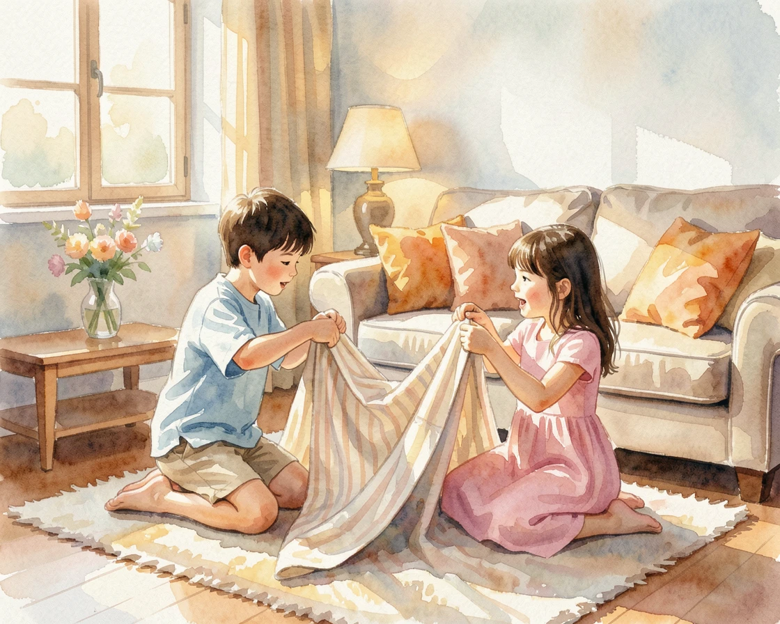 A boy and girl building a blanket fort in the living room as golden afternoon light glows around them.