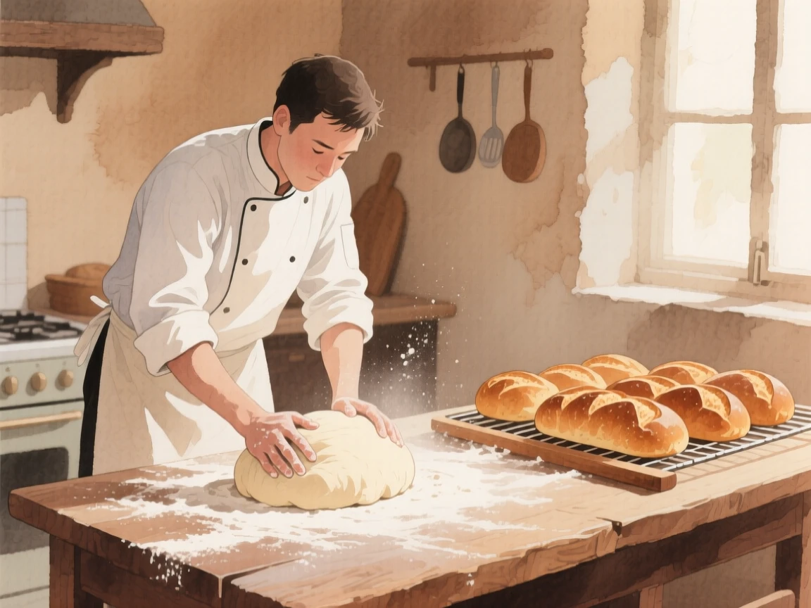 A baker kneads dough on a flour-dusted counter beside a row of cooling loaves in a rustic kitchen