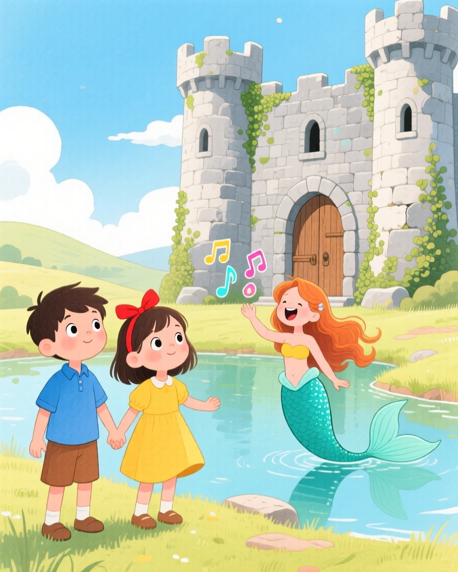 Twin siblings holding hands discovering an ancient stone castle for the first time, greeted by a singing mermaid.