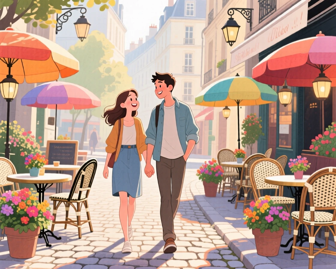 A young couple wanders hand in hand amid a charming café terrace on a cobblestone street in Paris, radiating cultural warmth and beauty.
