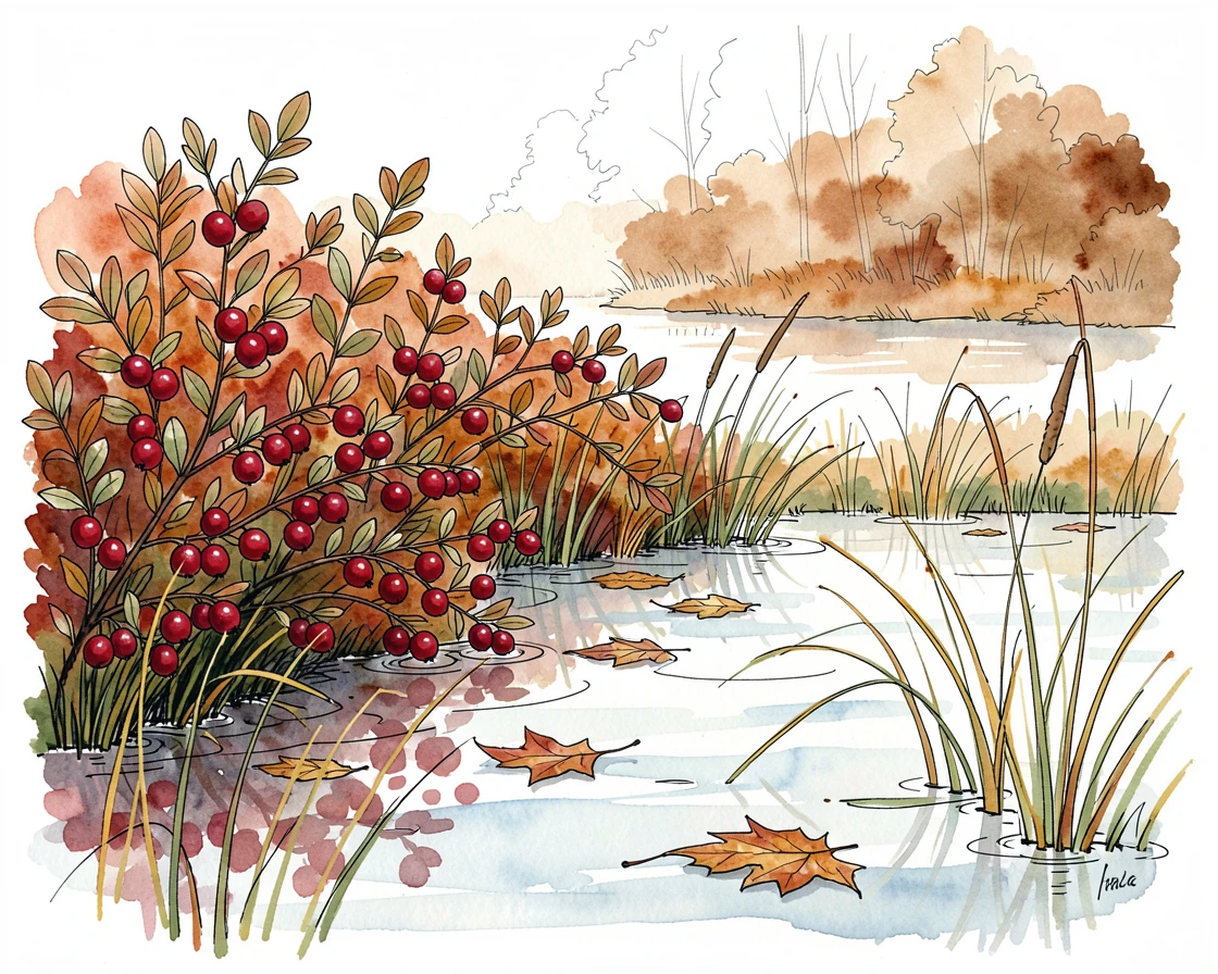 A quiet cranberry bog glowing crimson in early autumn, a gentle breeze rippling through the grass and leaves.
