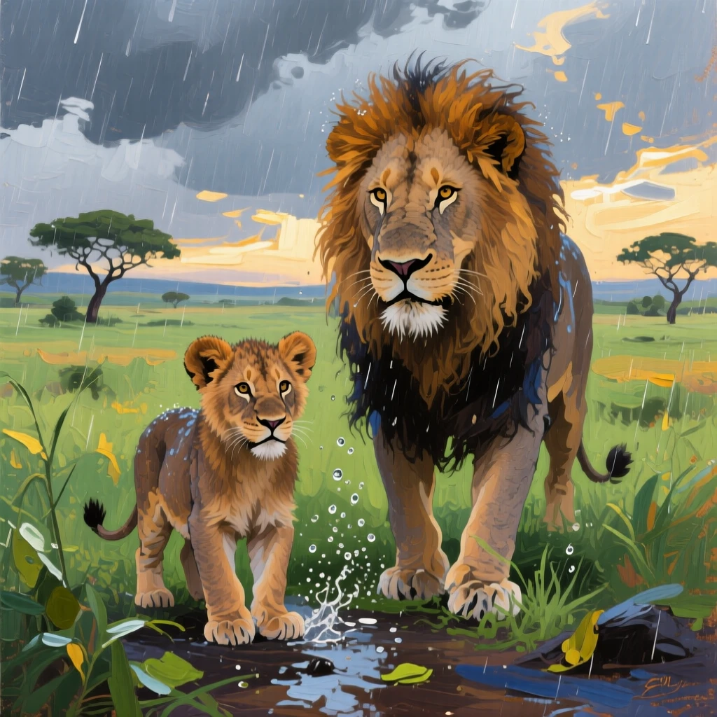 a young lion standing beside its mother, during the first rain of the season, from an inviting eye-level viewpoint.