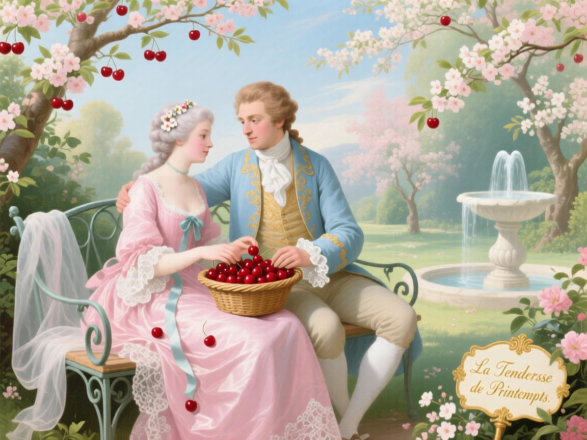 A spring orchard where a young couple share a basket of cherries  