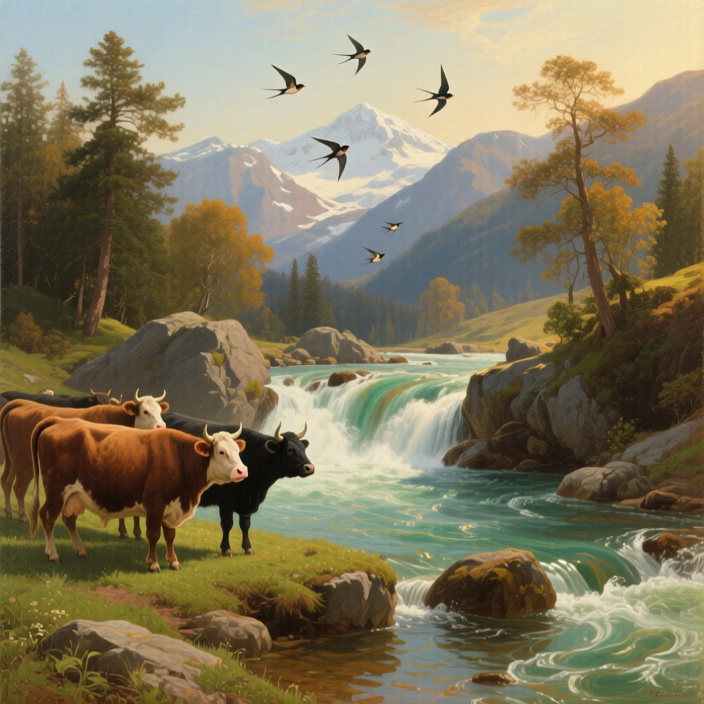 A herd of cattle watches the current of a rushing mountain stream while swallows skim the surface.