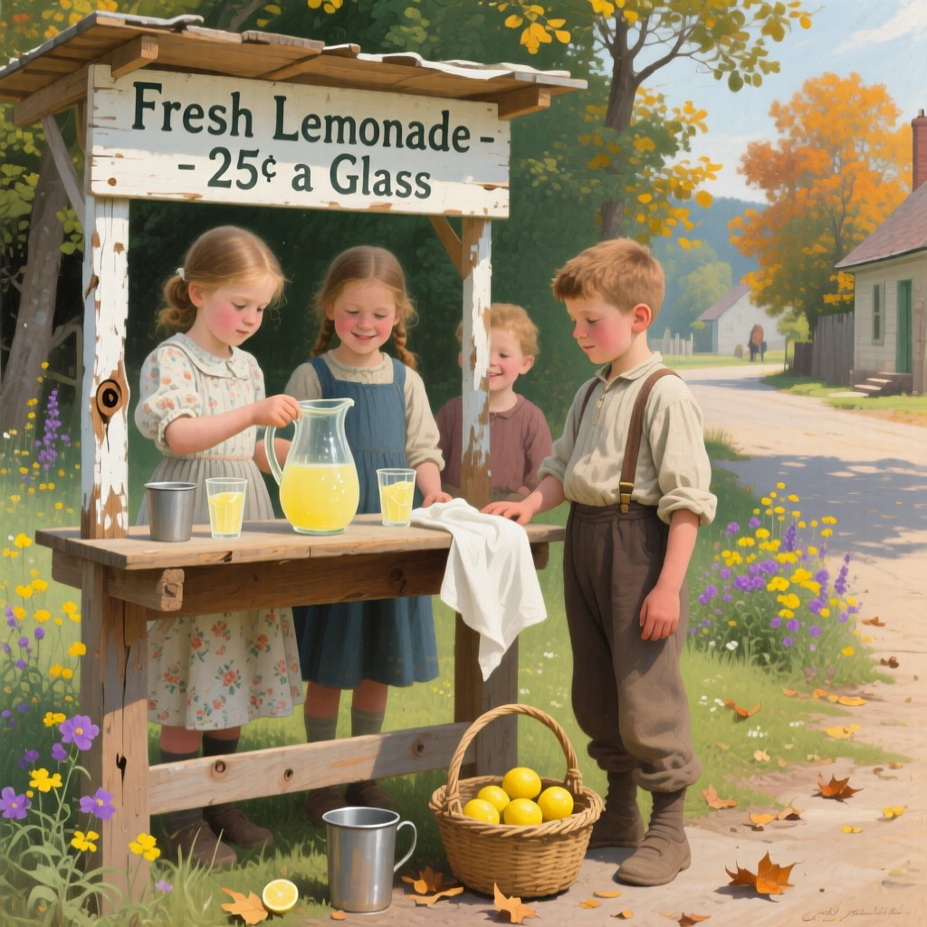 Kids selling lemonade at a handmade stand on a hot summer afternoon, as the changing season is reflected in the surrounding setting, offering a heartwarming glimpse into ordinary, meaningful moments