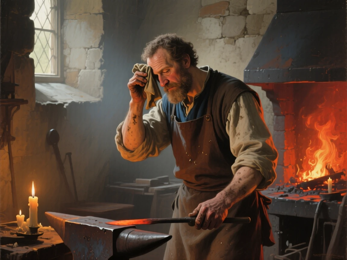 A blacksmith wiping soot from his brow beside a glowing forge caught between one breath and the next, set in a candlelit chapel side room, with a single shaft of light illuminating an expressive face; the hands are given equal storytelling weight alongside the face, radiating warmth, humility, and lived experience.
