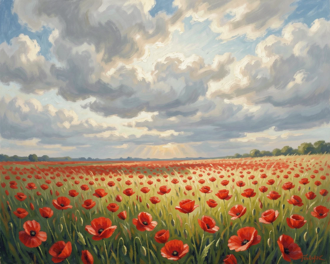 A field of blooming poppies swaying gently beneath a dramatic sky filled with drifting clouds.