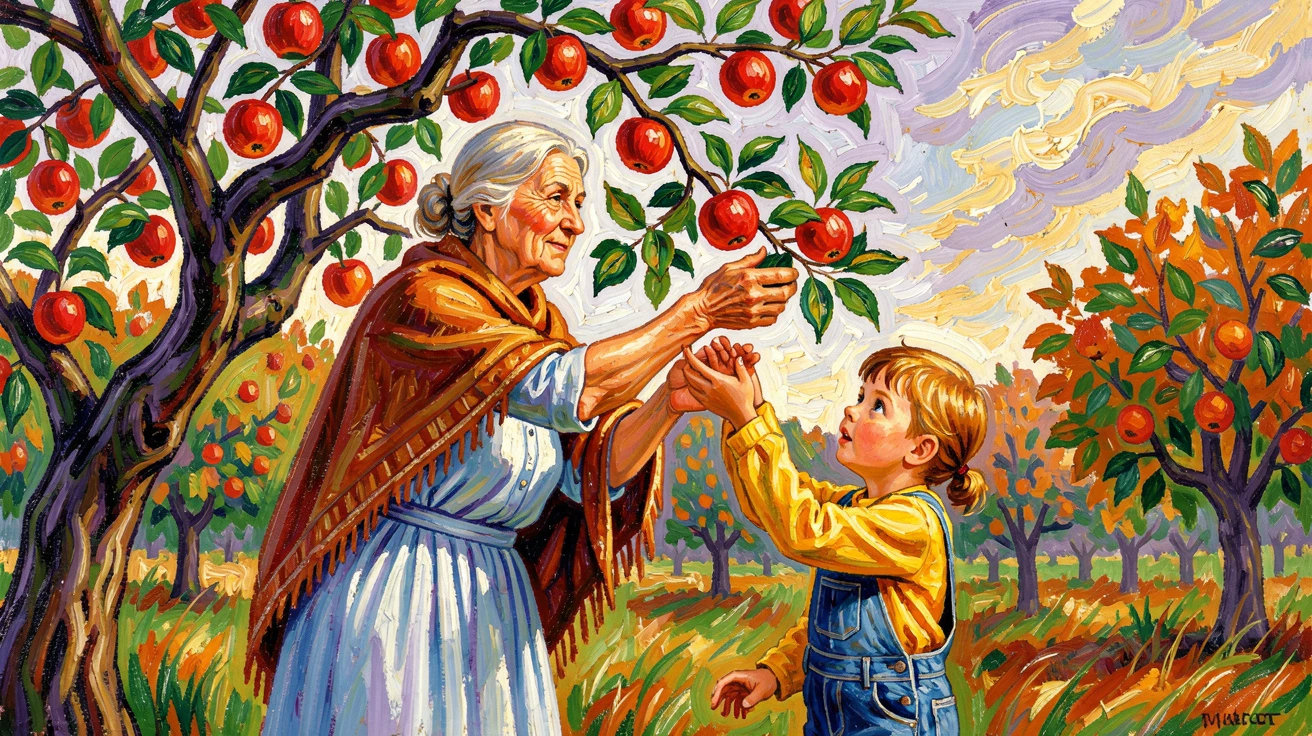 A grandmother and grandchild picking apples together, both reaching for the same branch.