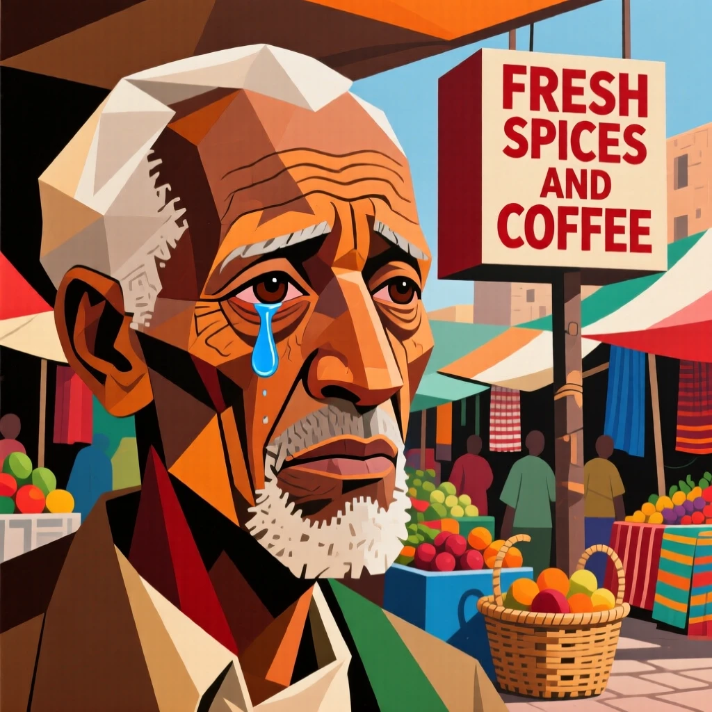 A close-up portrait of an elderly man of Ethiopian heritage, shedding a single tear of relief, at the edge of a bustling market.