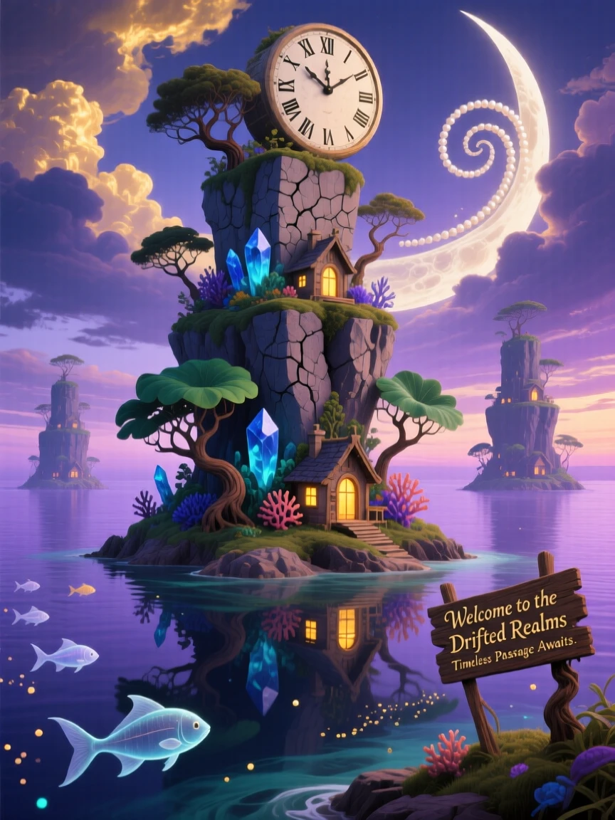 An archipelago of islands stacked one atop another like blocks drifts slowly across a lavender horizon, as tiny lights flicker on in its windows one by one.